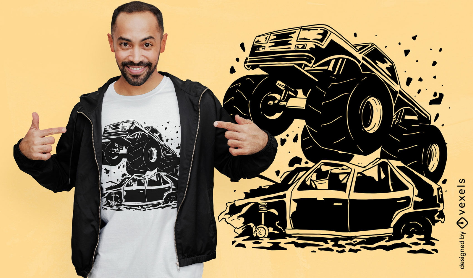 Diseño de camiseta de camión y coche monstruo.