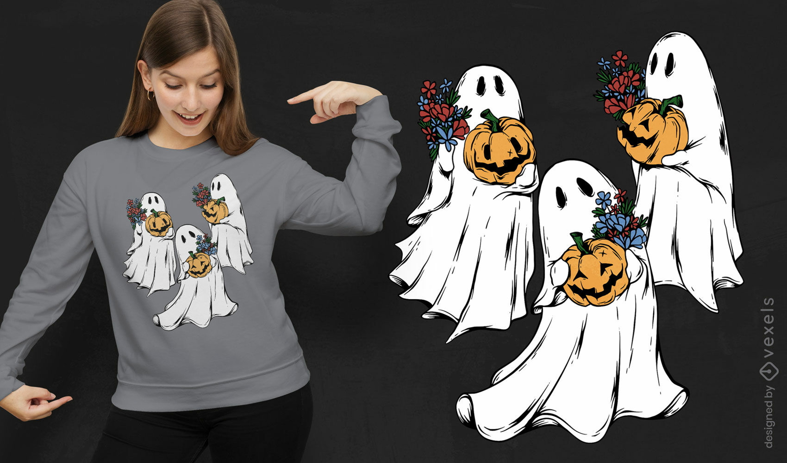 Diseño de camiseta de halloween de fantasmas y calabazas