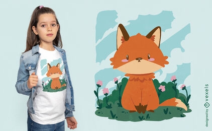 Cute fox animal in garden t-shirt design