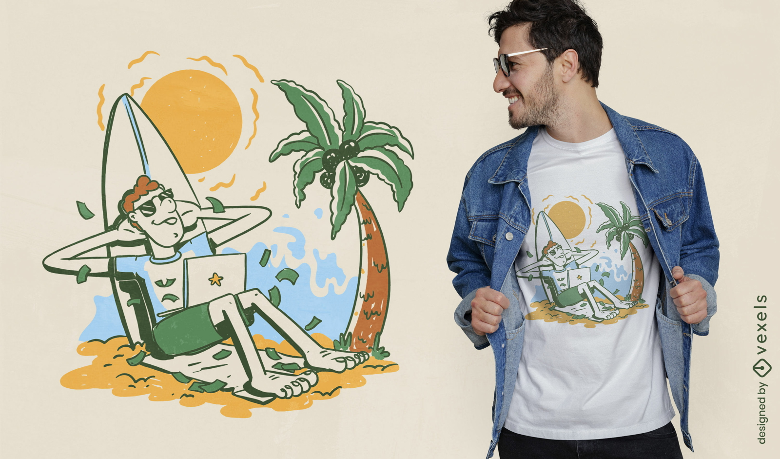 Mann, der an einem Strand-T-Shirt-Design arbeitet