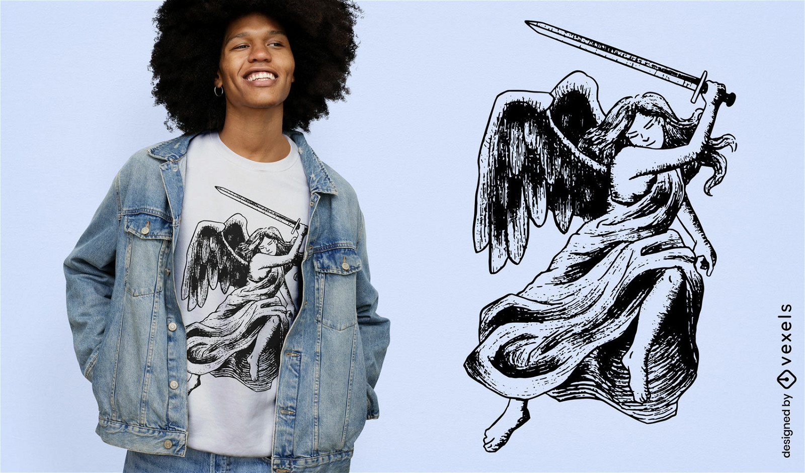 Mulher anjo com design de camiseta de espada