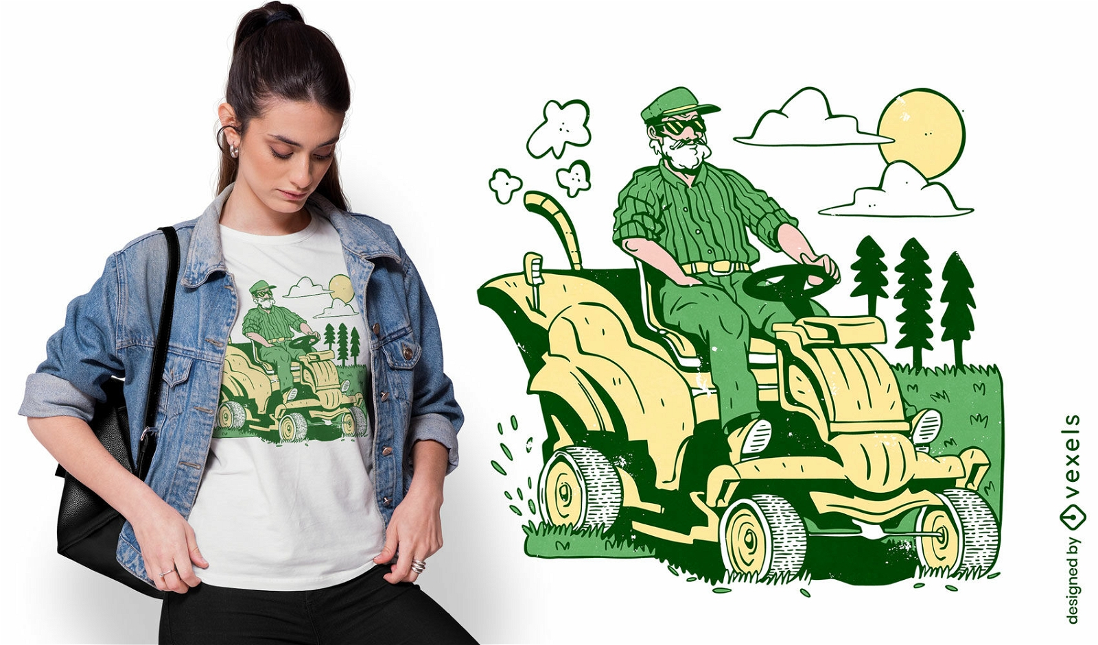 Man in lawn mower machine t-shirt design