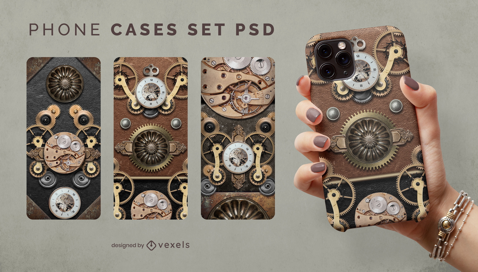 Caja del teléfono con tecnología de engranajes Steampunk psd