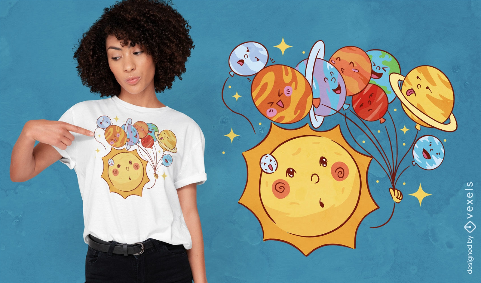 Lindo diseño de camiseta de sol y planetas.