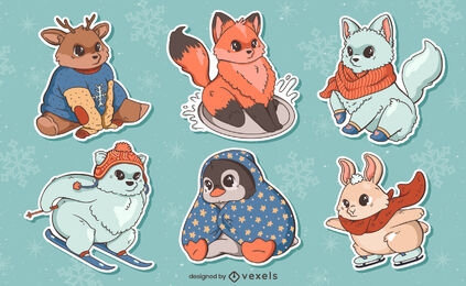 Conjunto de pegatinas de personajes de animales de invierno