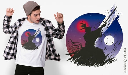 Samurai-Krieger unter Mond-T-Shirt-Design