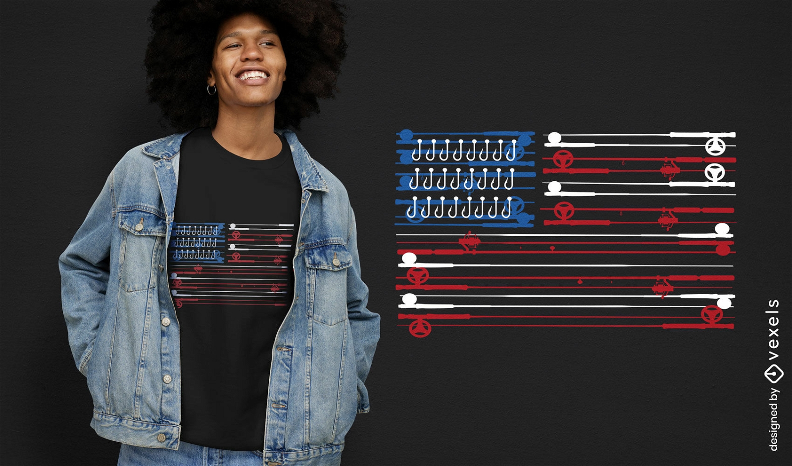 T-Shirt-Design der amerikanischen Flagge der Angelruten