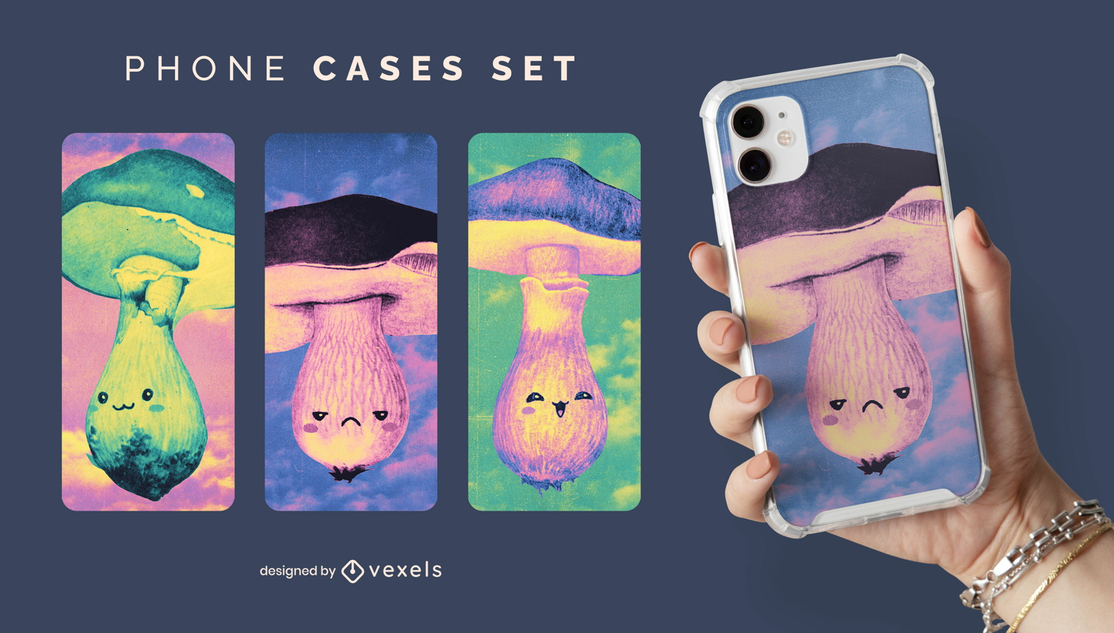 Conjunto de capa de telefone fofo de cogumelos felizes