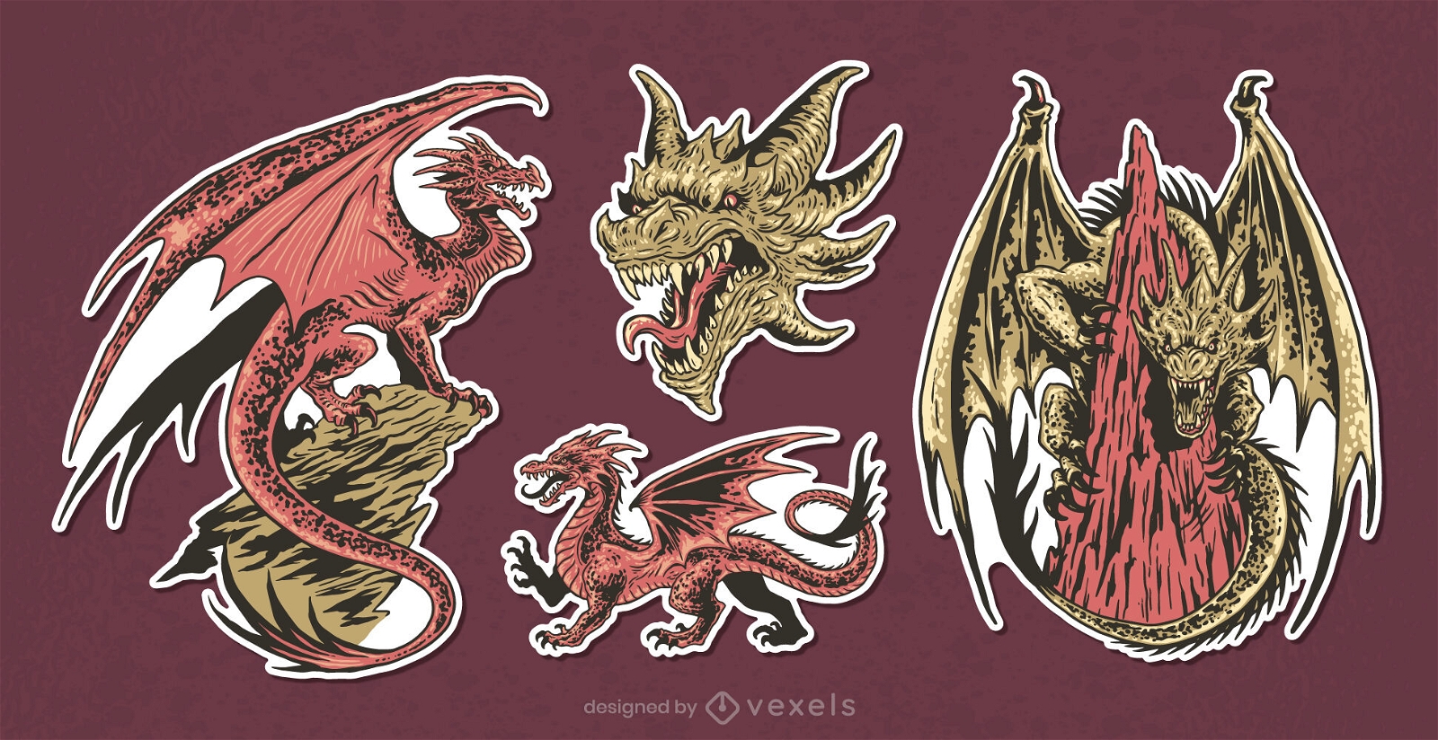Conjunto de adesivos de dragões medievais