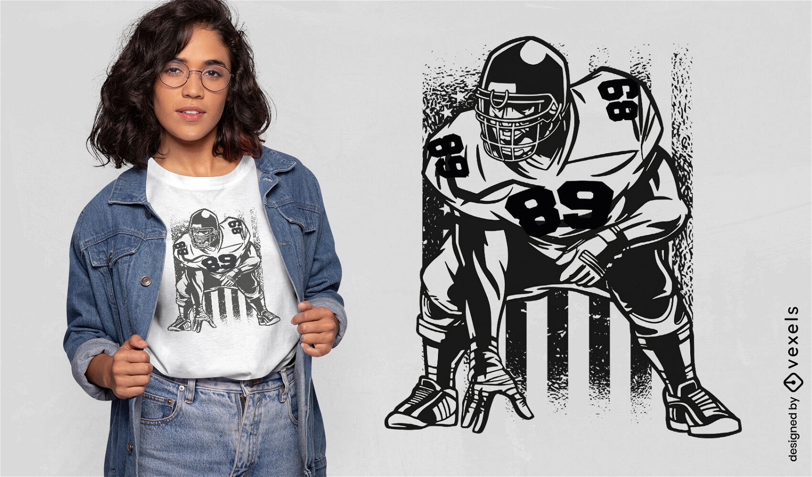 Diseño de camiseta de jugador de fútbol americano y bandera.
