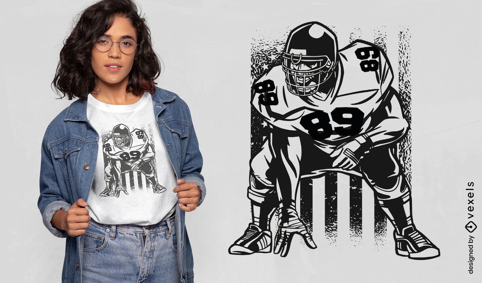 Jogador de futebol americano e design de t-shirt de bandeira