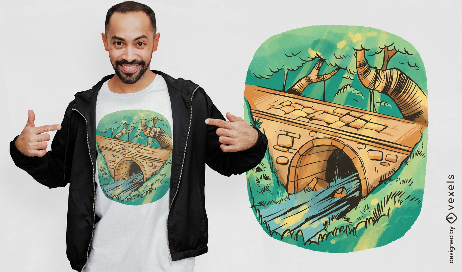 Diseño de camiseta de puente de piedra arqueada.