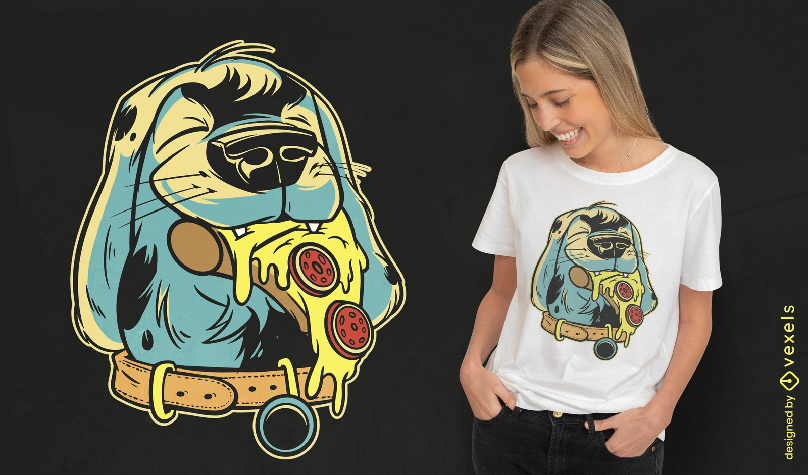 Diseño de camiseta de perro comiendo pizza.