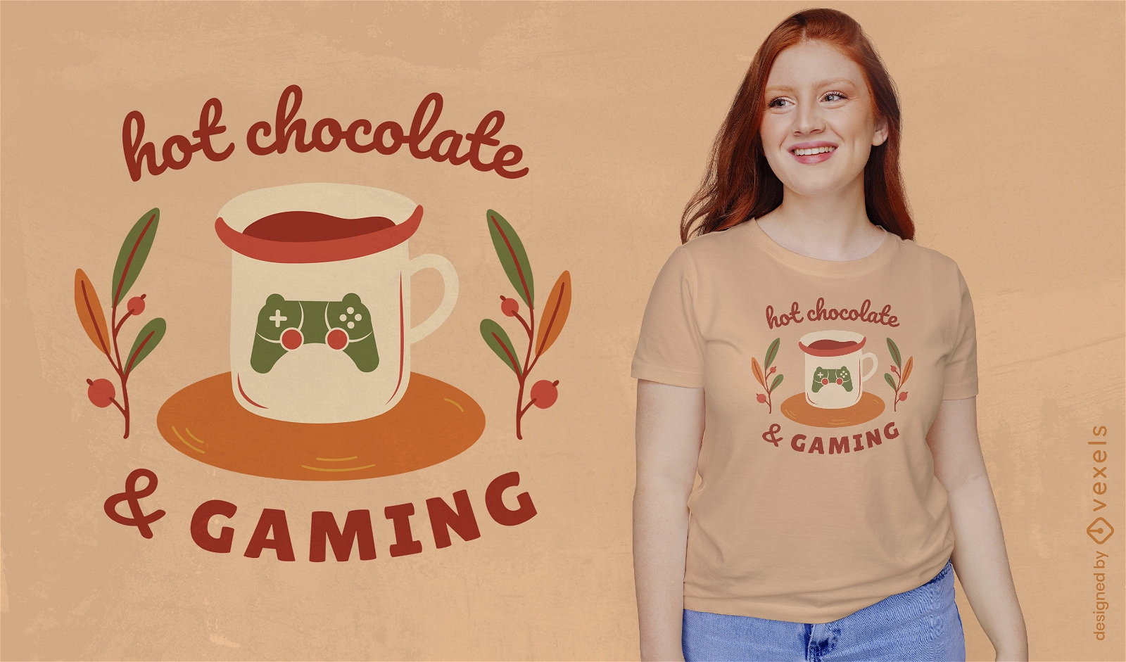 Chocolate quente e design de camiseta aconchegante para jogos
