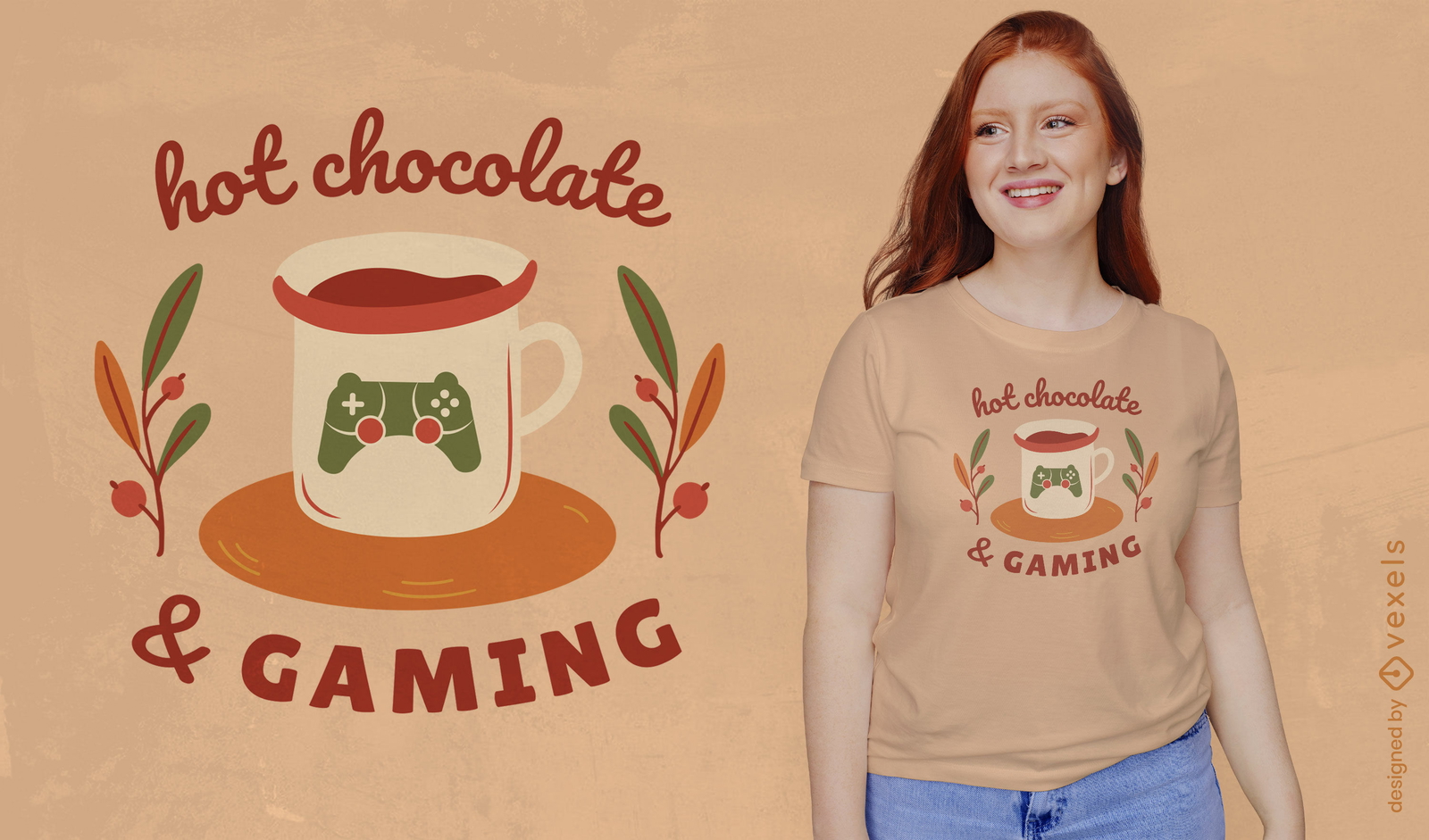 Diseño acogedor de camiseta de chocolate caliente y juegos