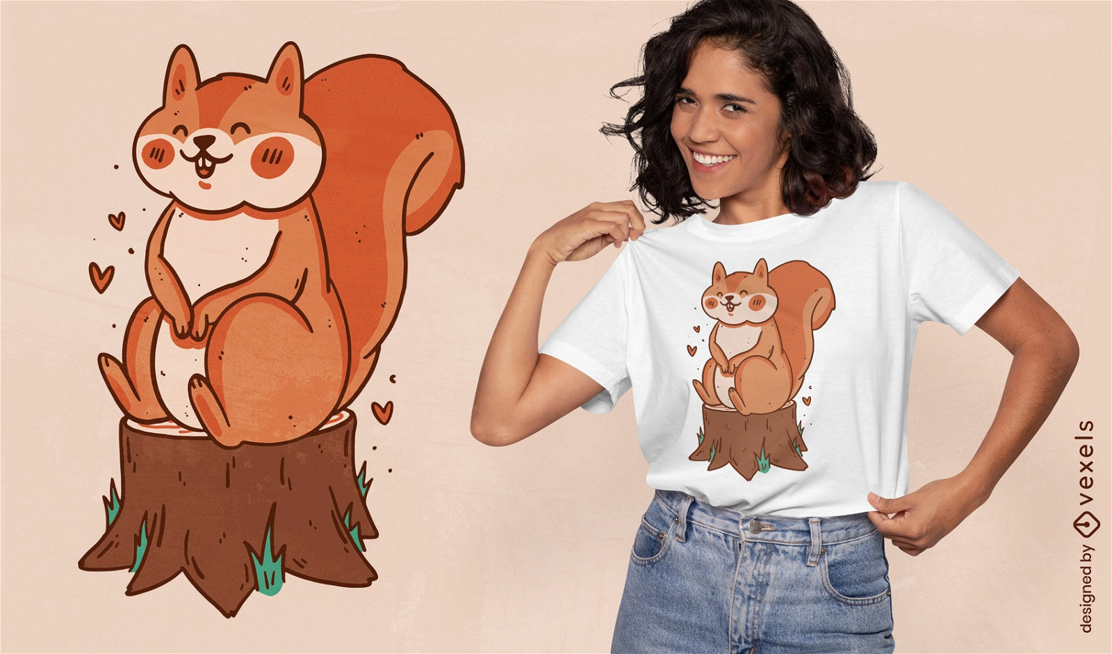 Esquilo bonito sentado no design de t-shirt de toco