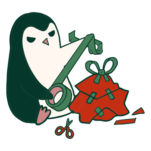 Pinguim de Natal embrulhando um presente Desenho PNG