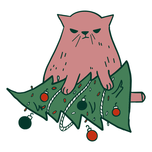 A cat perched atop a fallen Christmas tree PNG Design
