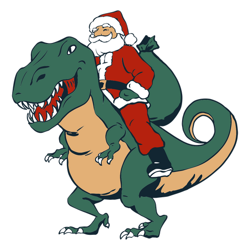 Papá Noel entrega regalos alegremente encima de un dinosaurio Diseño PNG