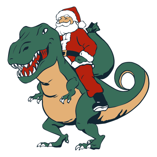 Papai Noel entrega presentes alegremente em cima de um dinossauro Desenho PNG