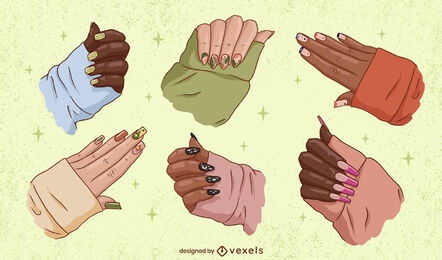 Hands with artistic nail art vector set