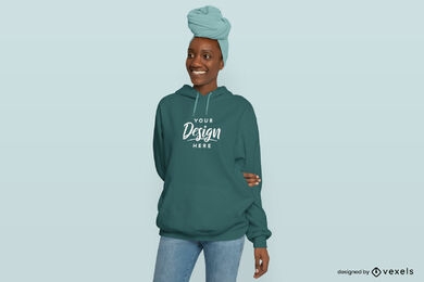 Black woman smiling with hoodie mockup