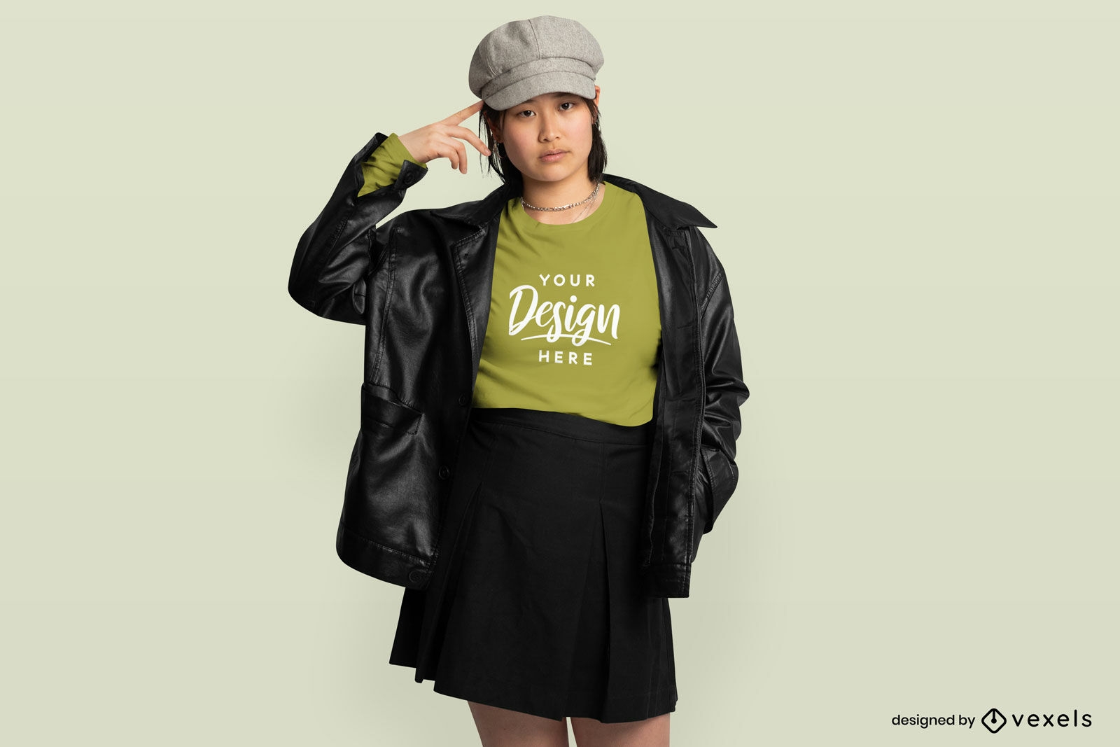 Asian woman in skirt and t-shirt mockup