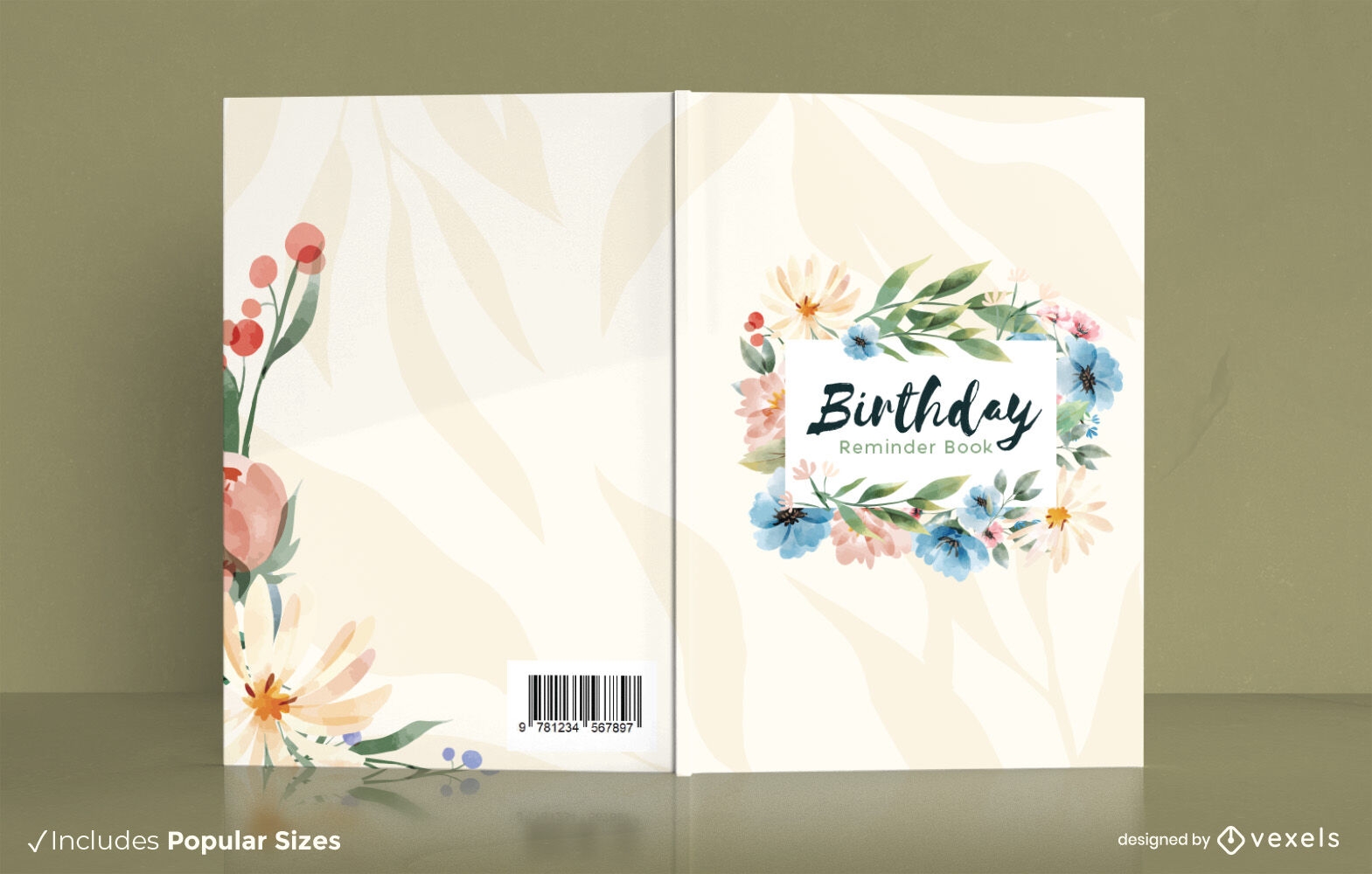 Diseño de portada de libro de cumpleaños de flores de acuarela