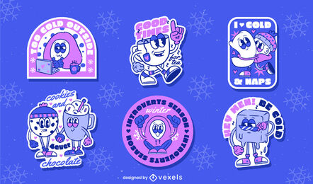 Winter retro cartoon sticker set