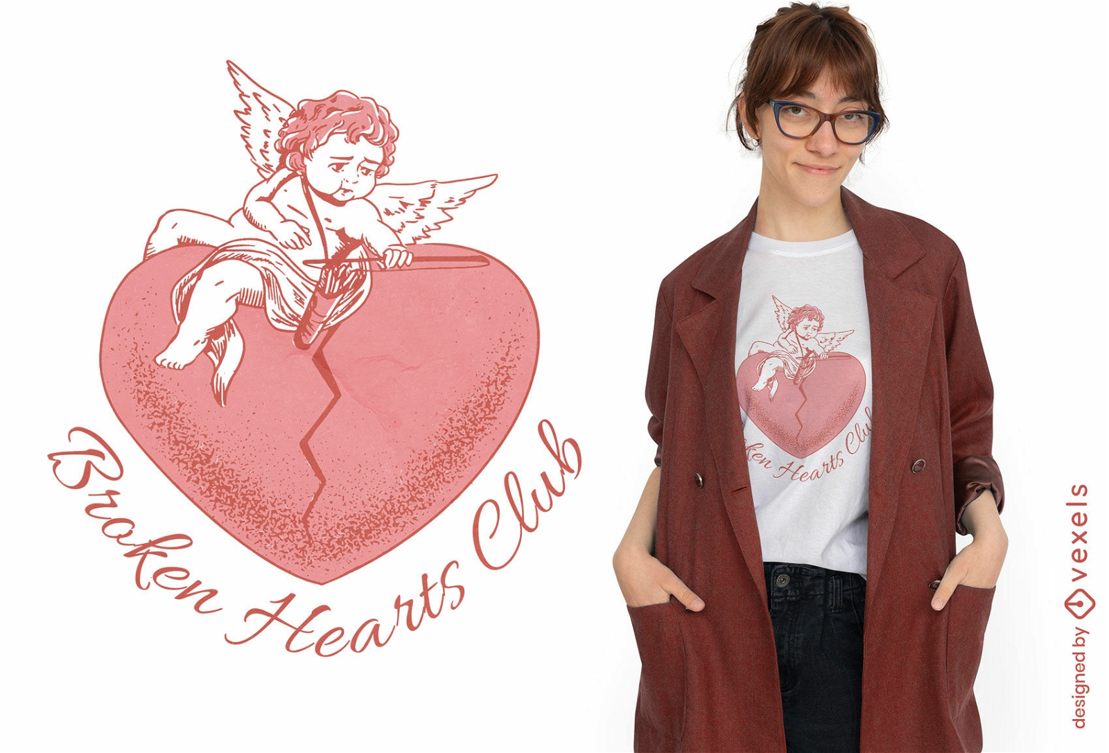 Design de camiseta de cupido do clube de corações partidos