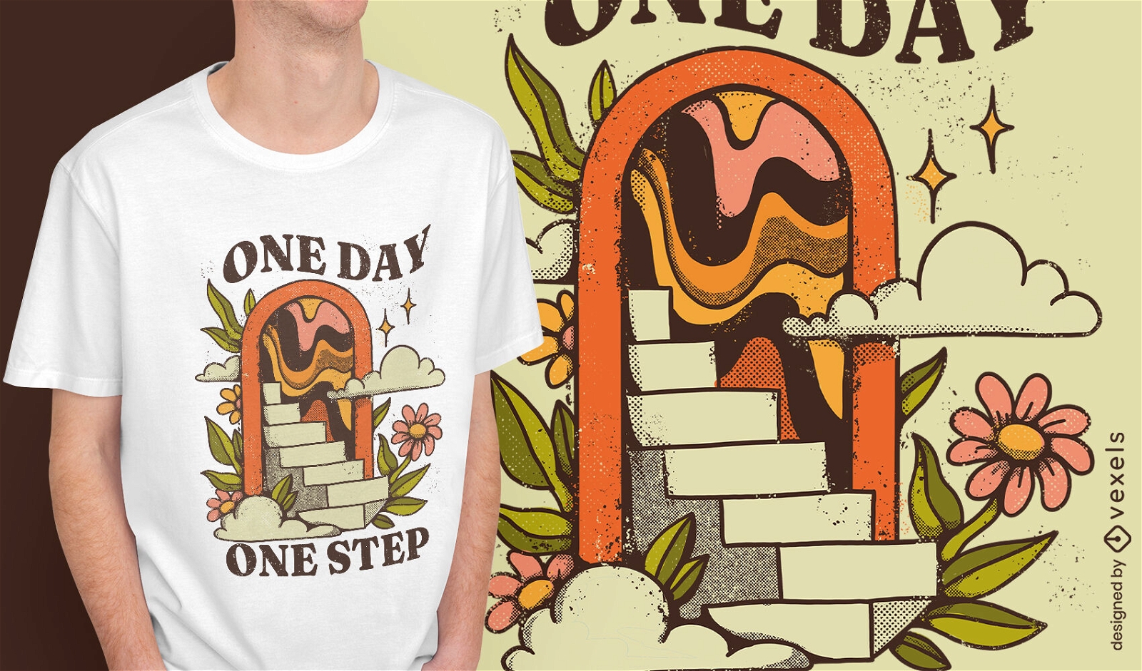 Um dia, um passo, design de camiseta vintage motivacional
