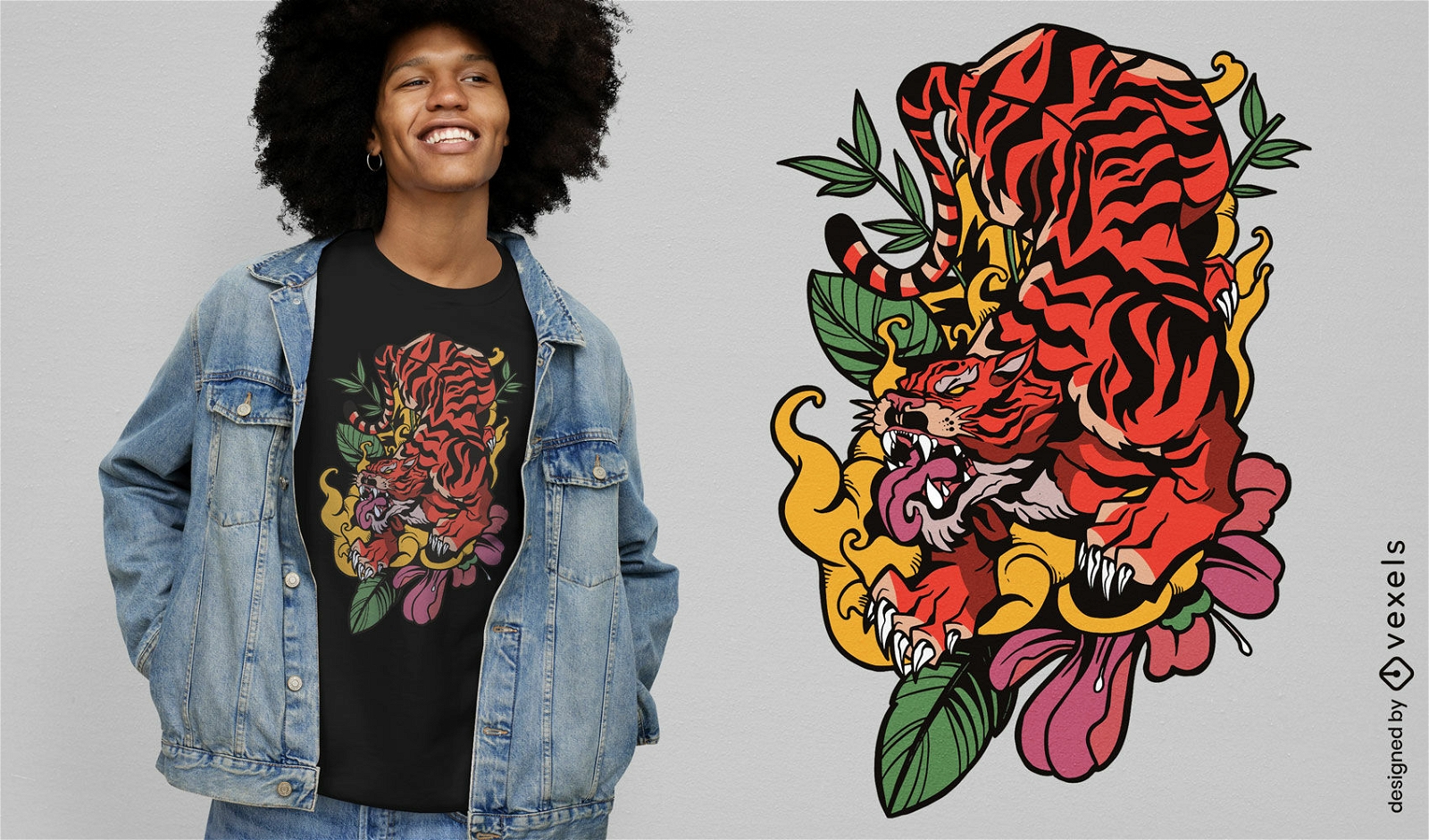 Design de t-shirt floral tradicional tigre japonês