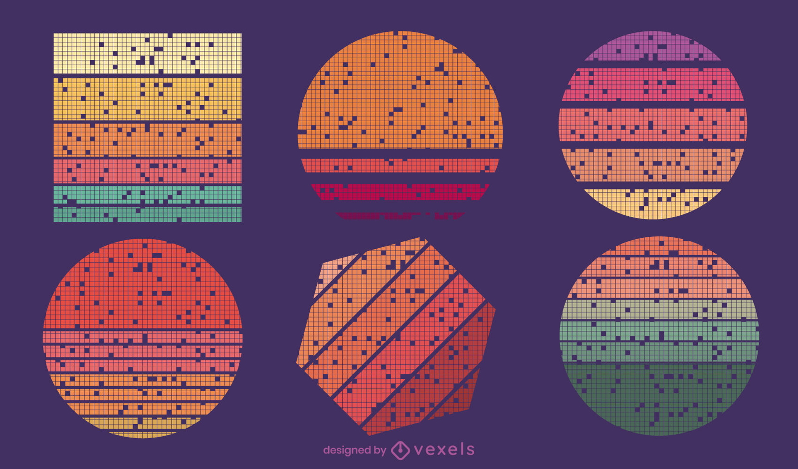 Pixeled retro sunset backgrounds set