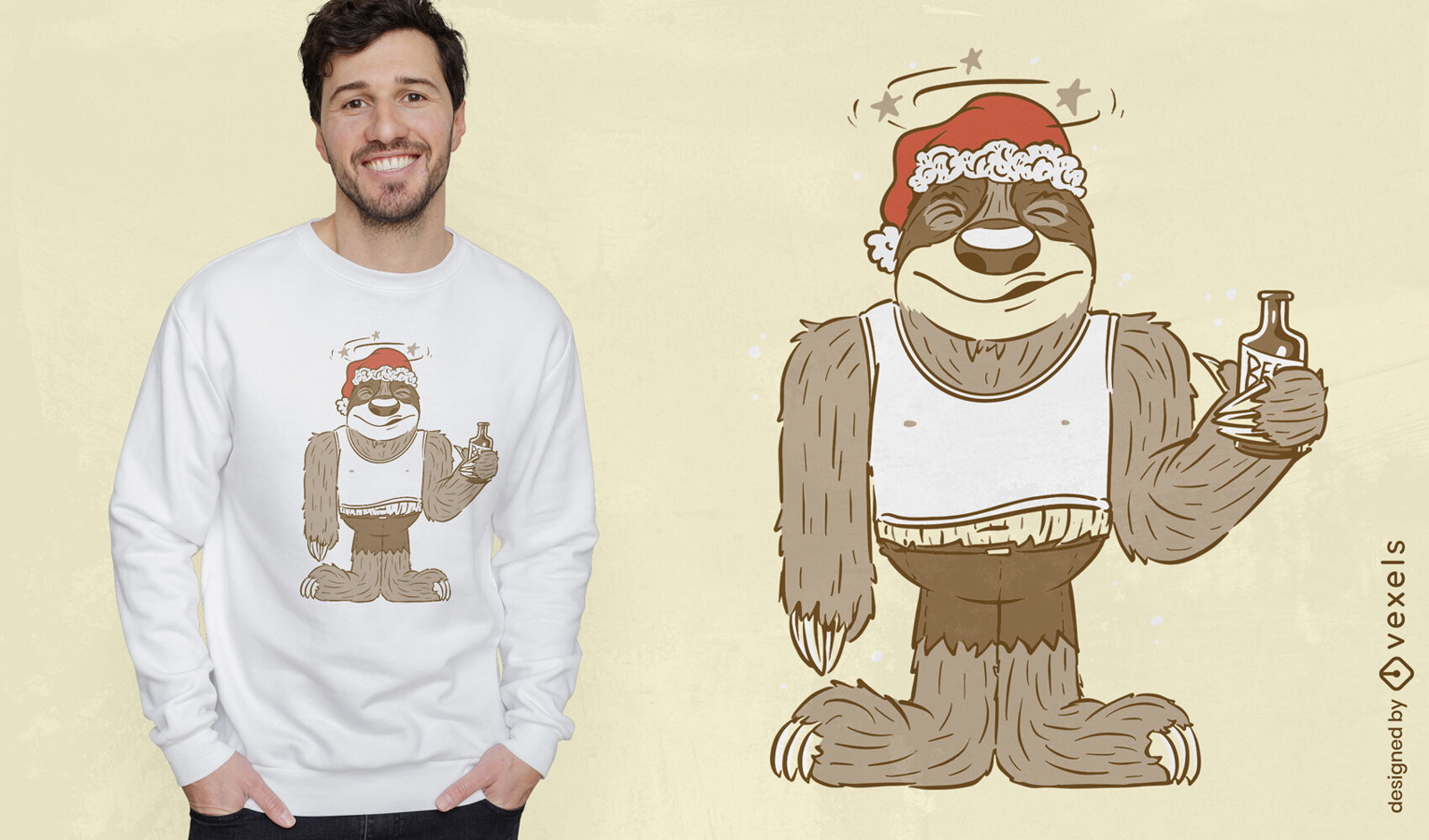 Betrunkenes Faultier mit T-Shirt-Design mit Weihnachtsmütze