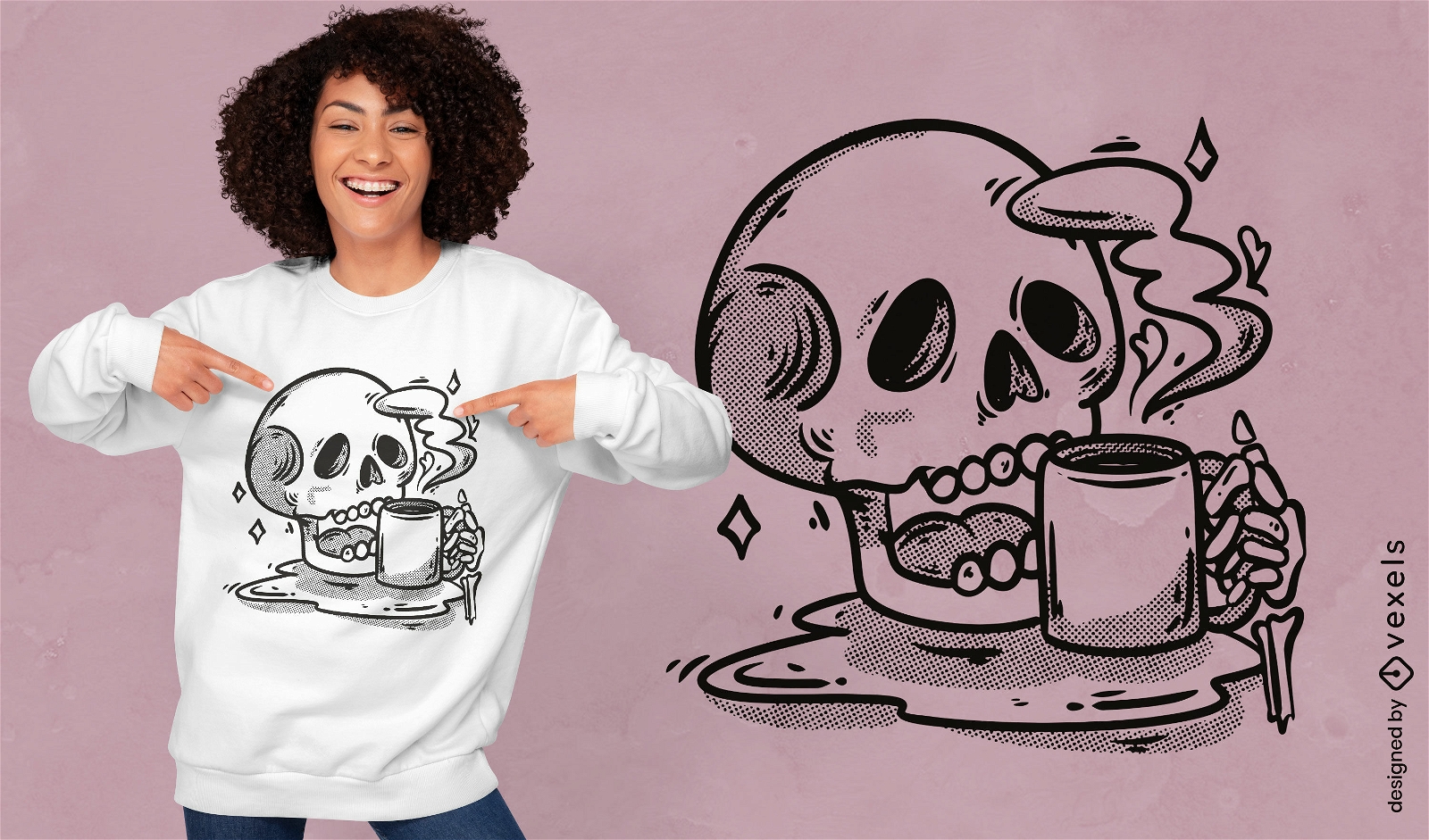 Design de camiseta de caveira bebendo café