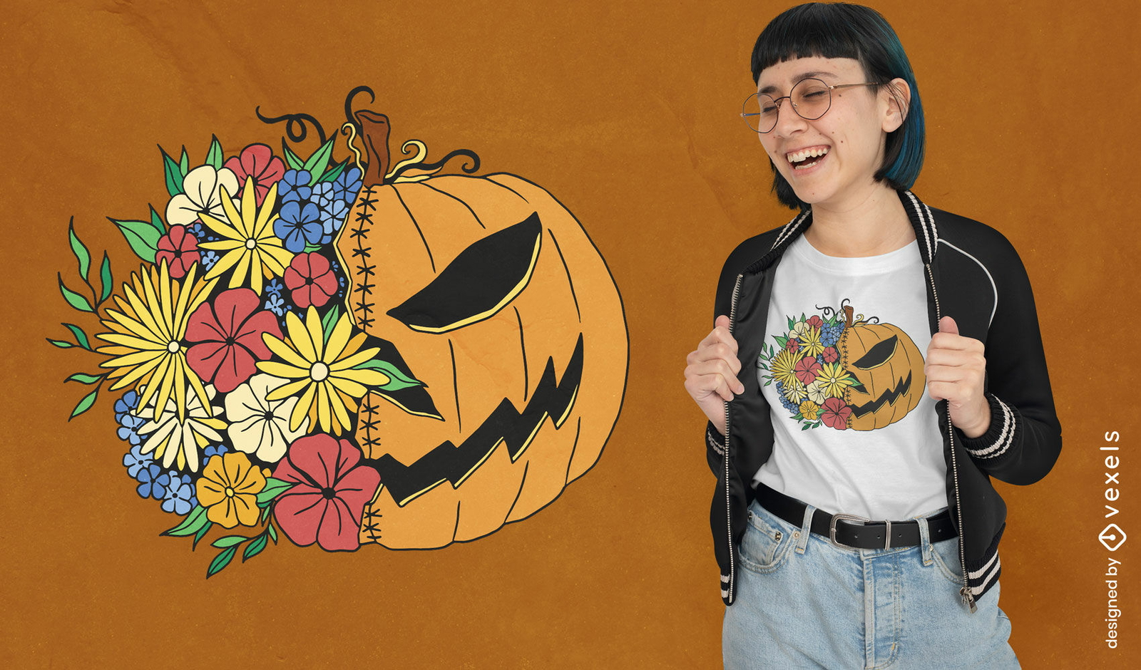 Diseño de camiseta de calabaza con puntadas de flores.