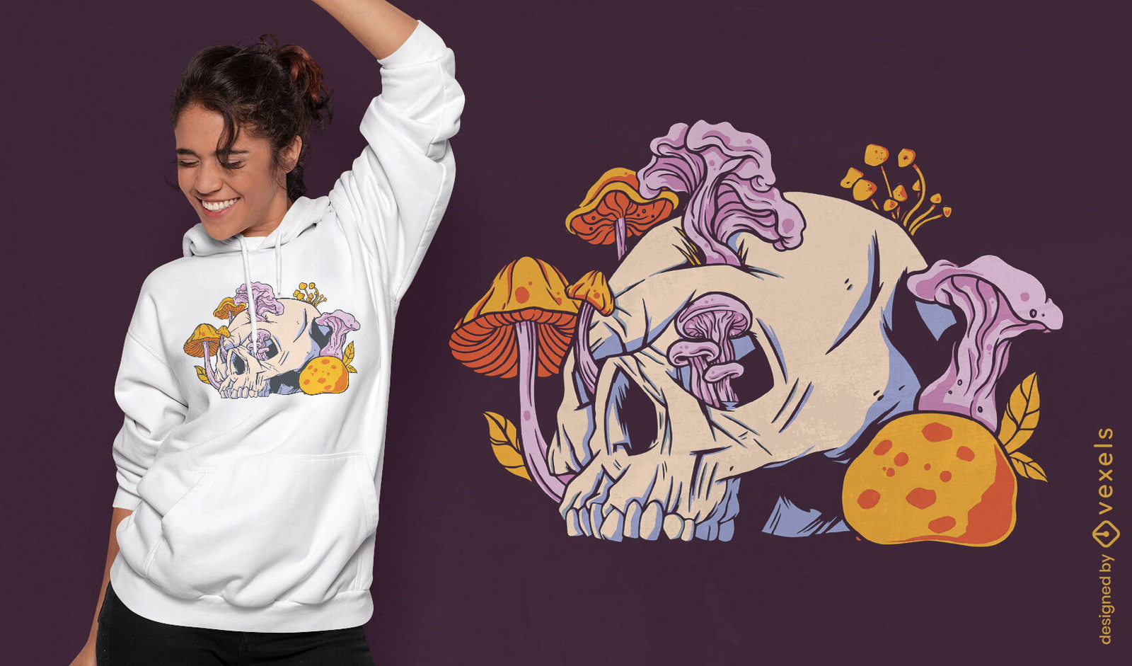 Calavera con diseño de camiseta de múltiples hongos.