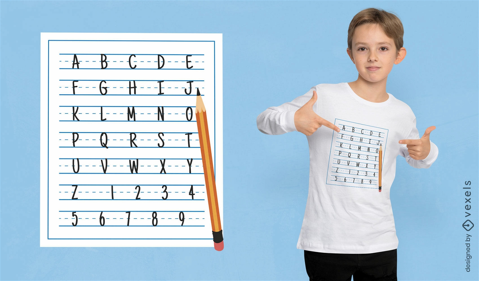 Hoja de papel con diseño de camiseta con alfabeto