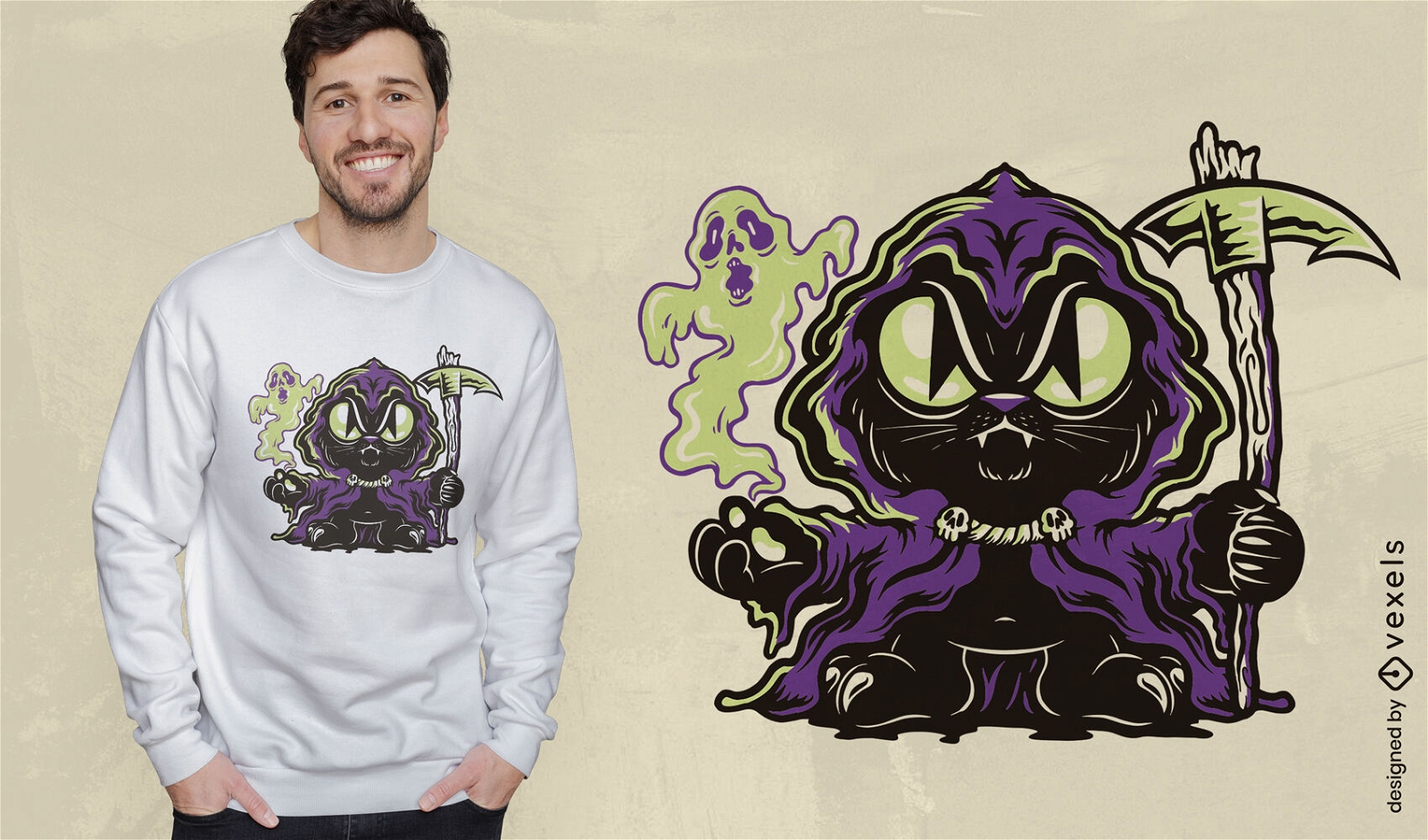 Grim reaper cat cartoon t-shirt design