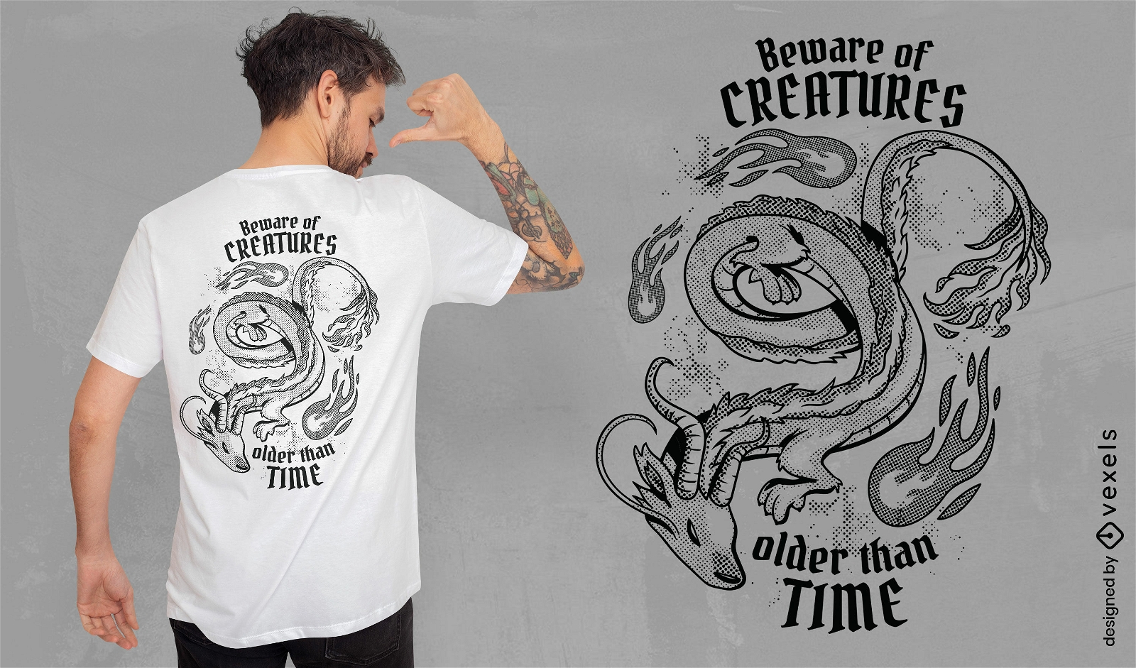 Design de camiseta monocromática de dragão e chamas