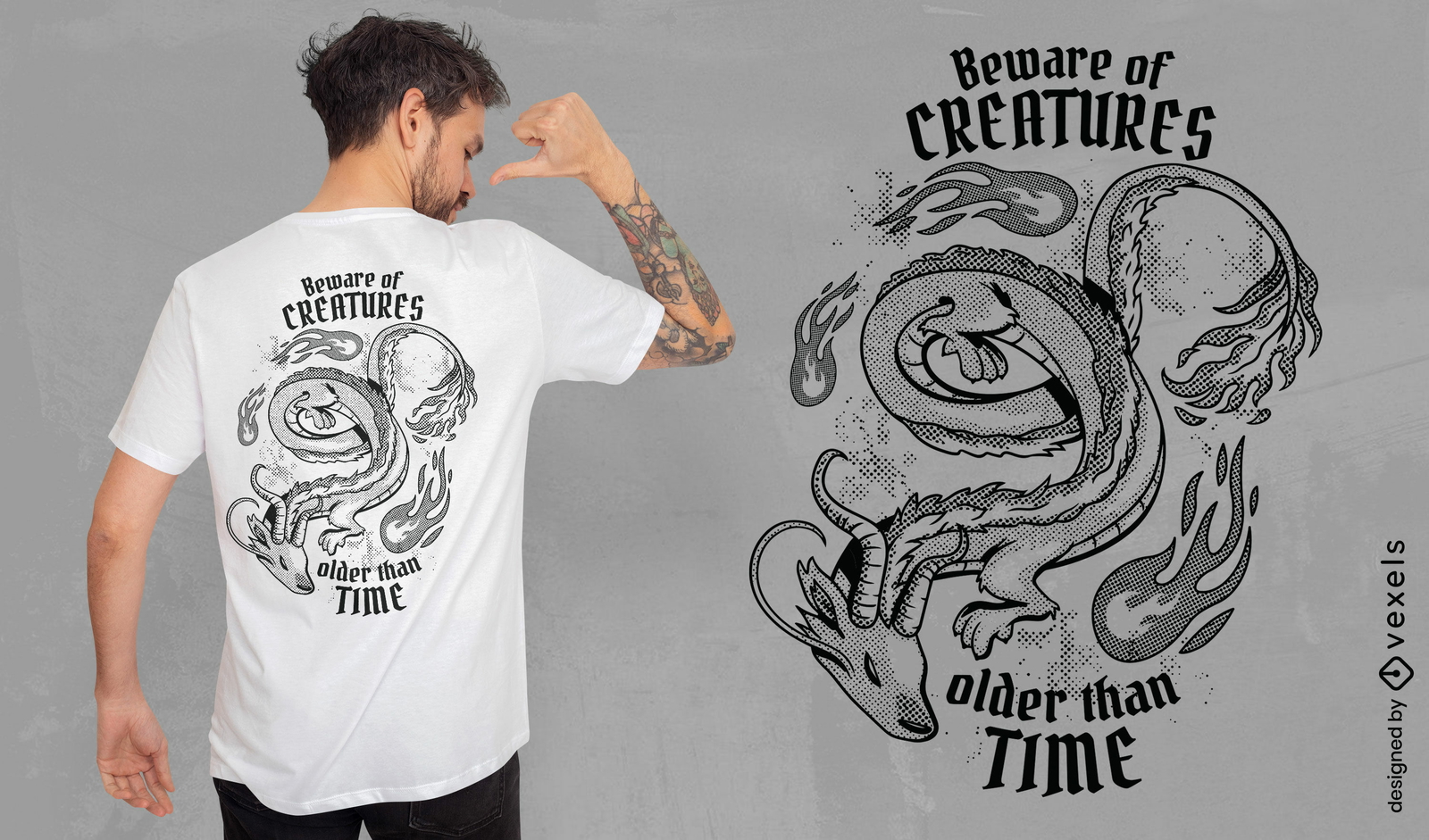 Design de camiseta monocromática de dragão e chamas