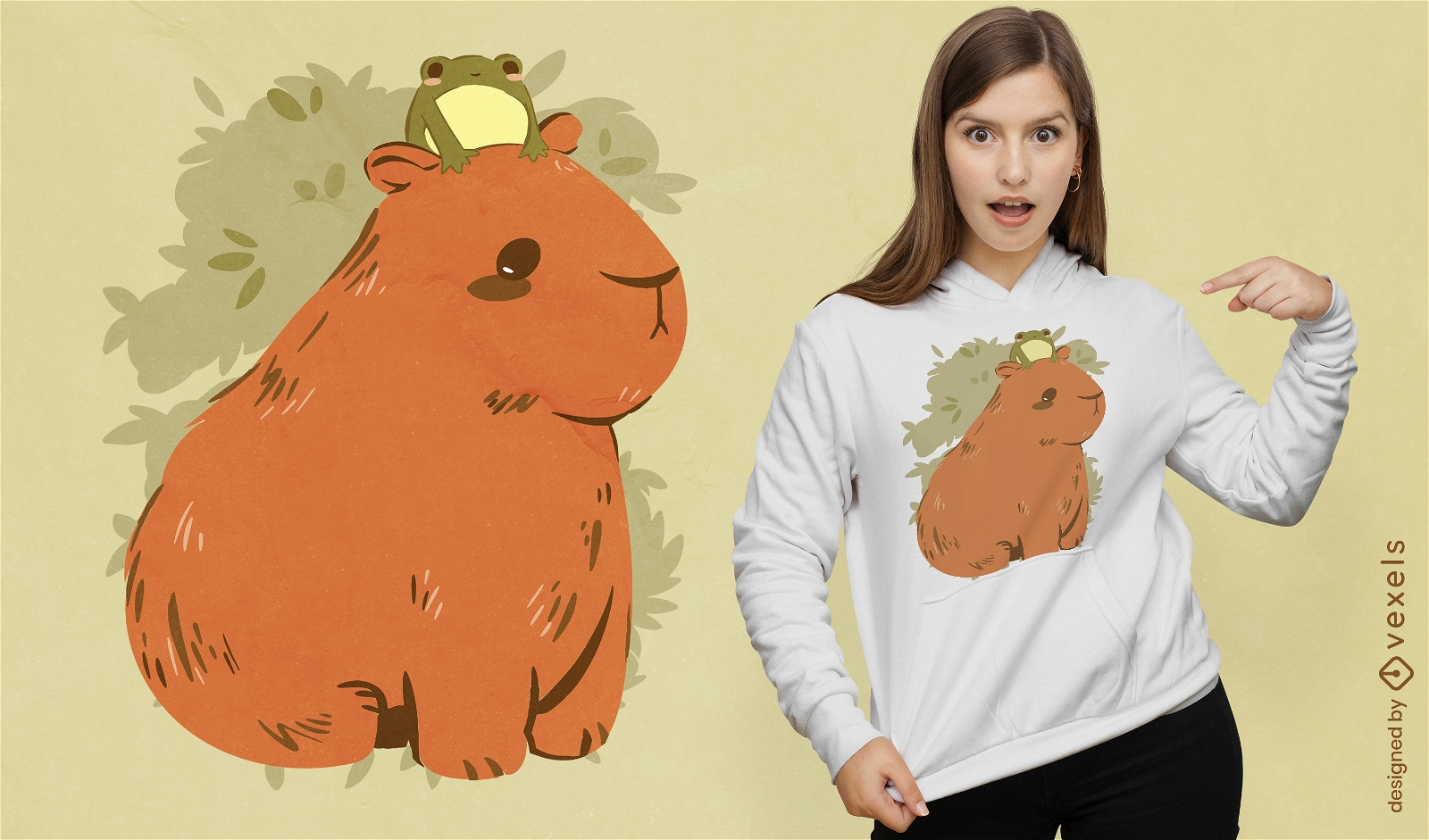 Diseño de camiseta de animales de rana y capibara.