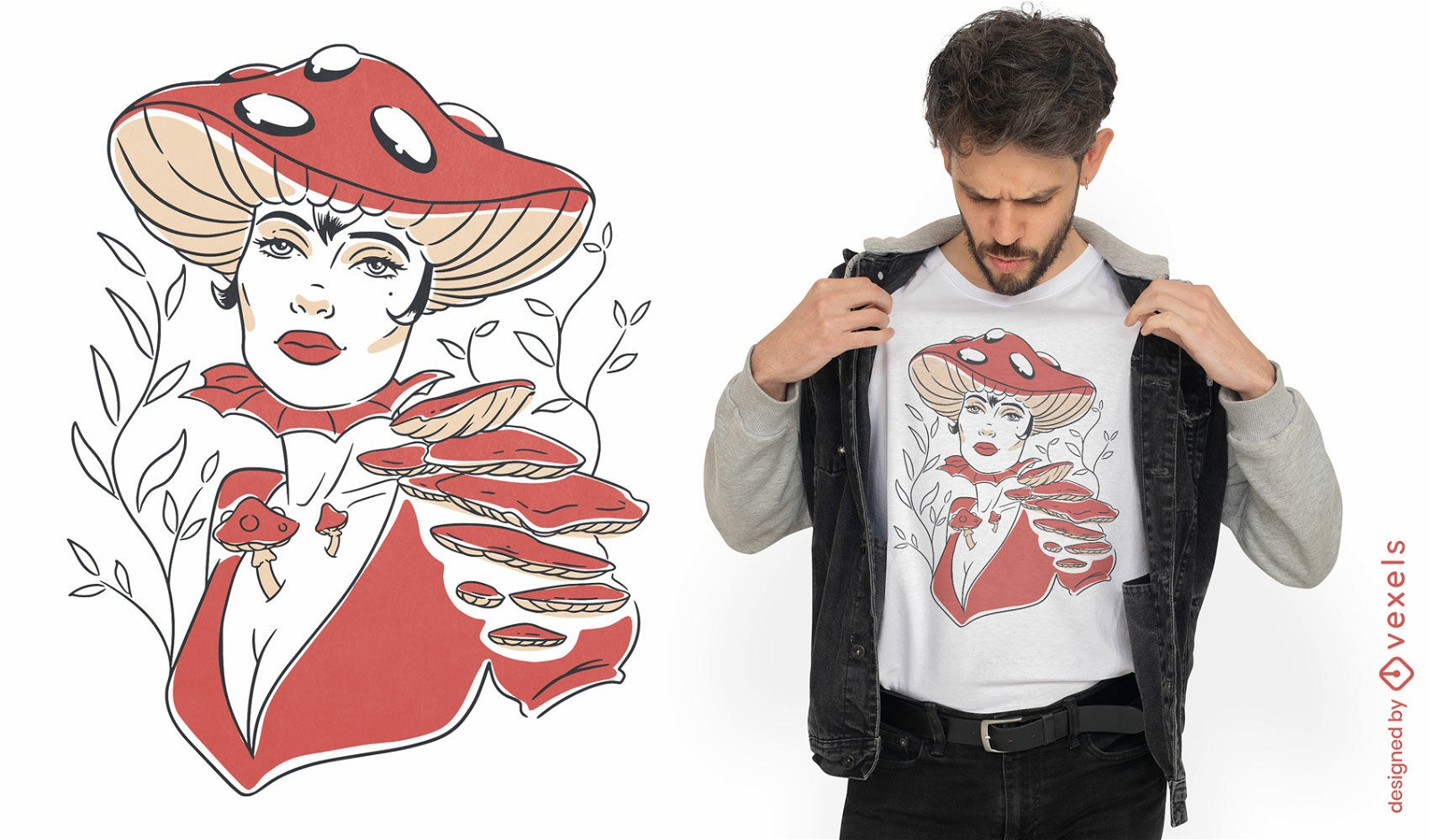 Design de camiseta de personagem de mulher de cogumelo
