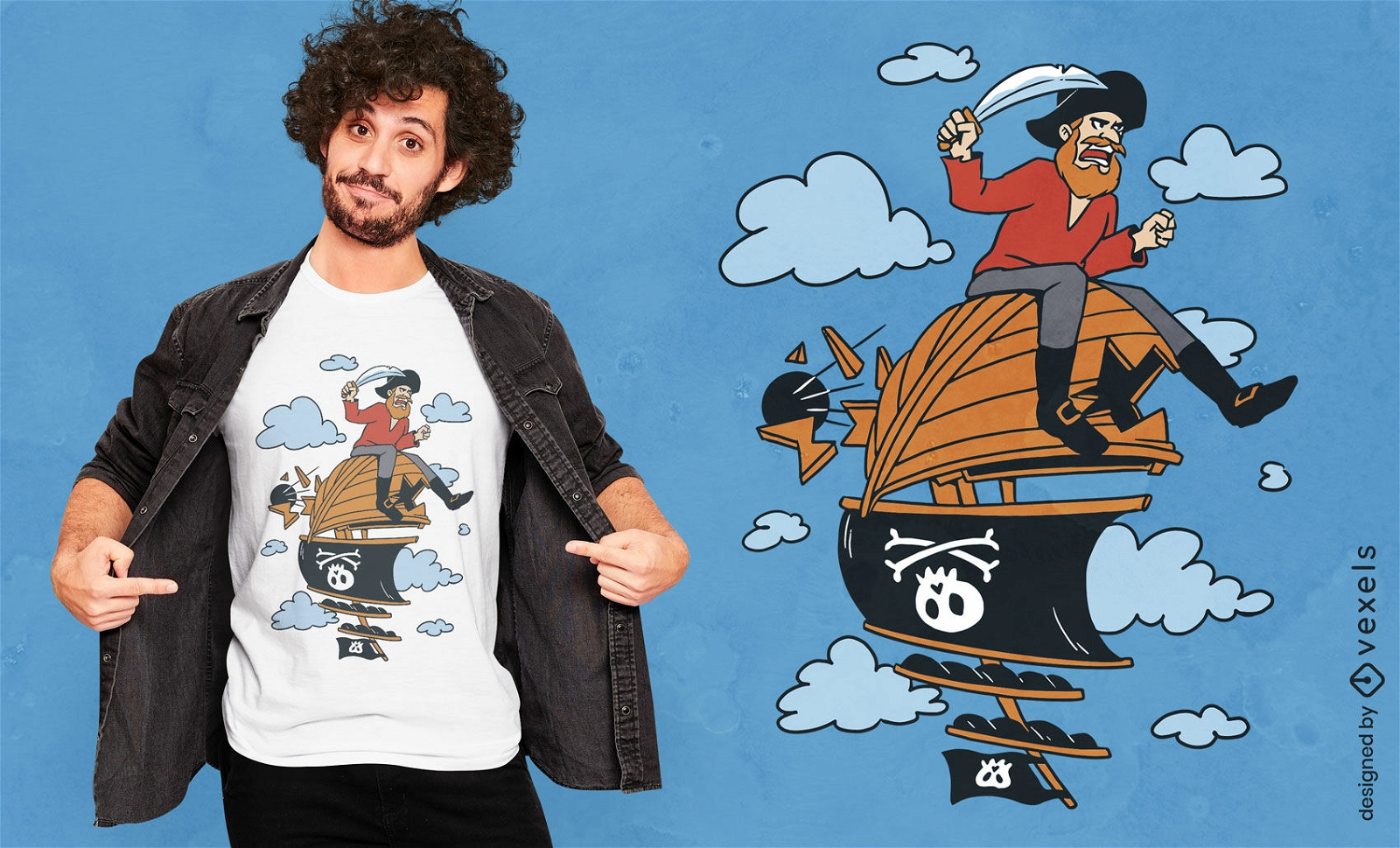 Pirat mit Schwert auf Schiffs-T-Shirt-Design