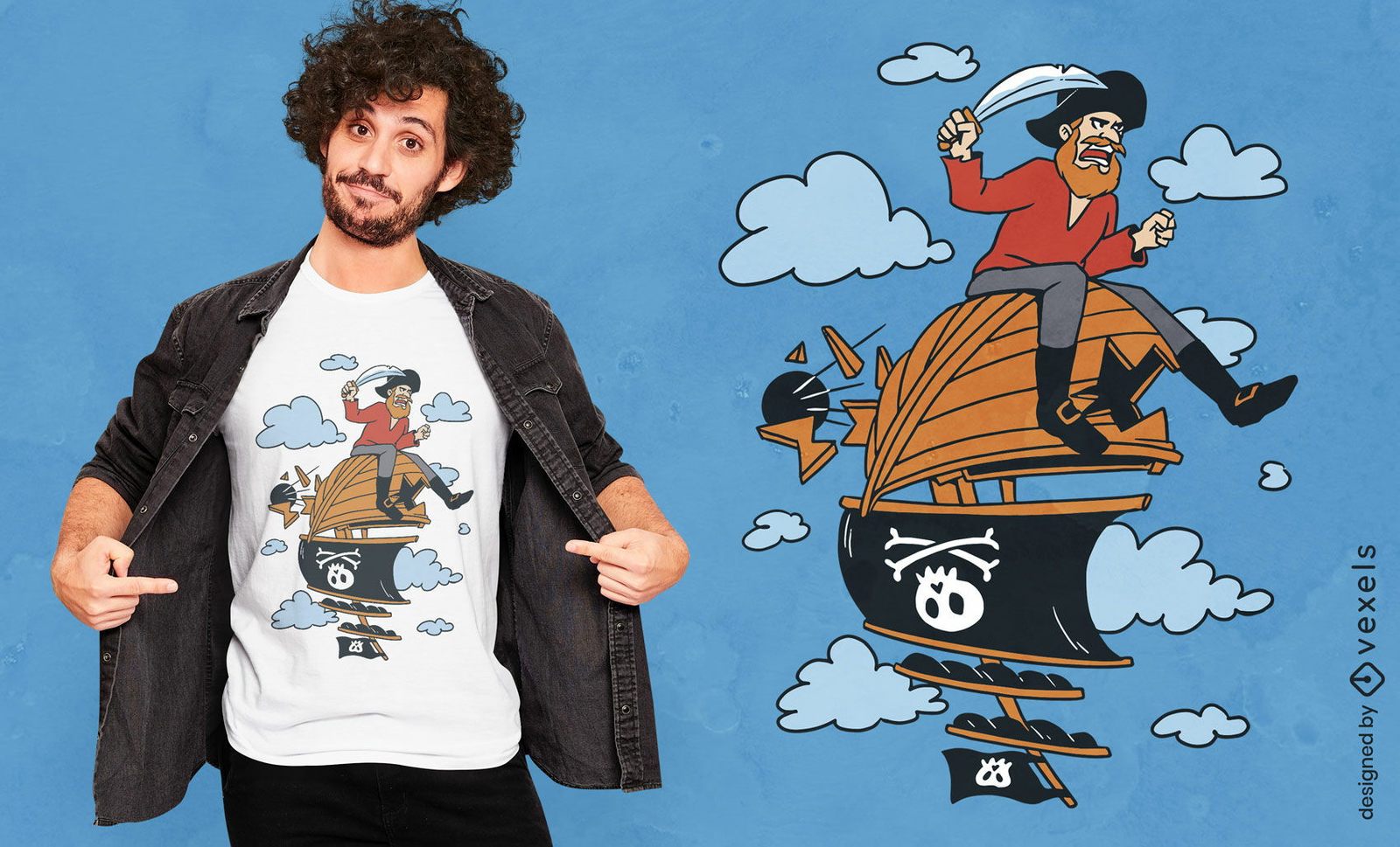 Pirata con espada en diseño de camiseta de barco.