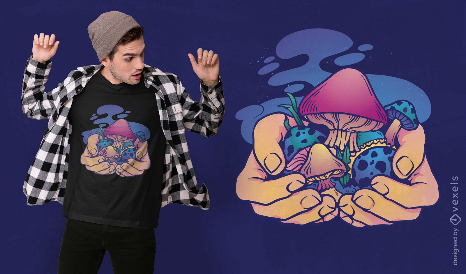 Hands with psychedelic mushrooms t-shirt design