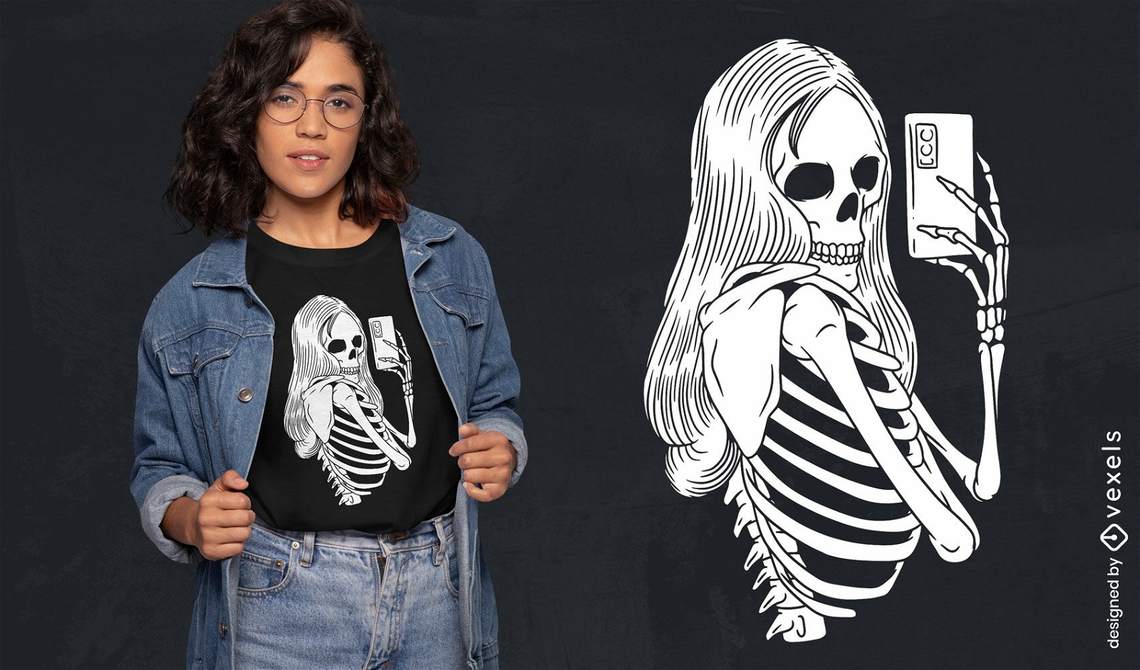 Diseño de camiseta selfie esqueleto mujer