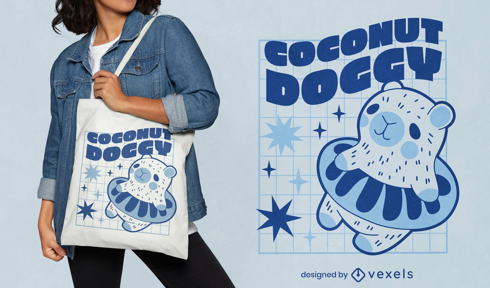 Diseño de bolso tote capibara con forma de perrito de coco