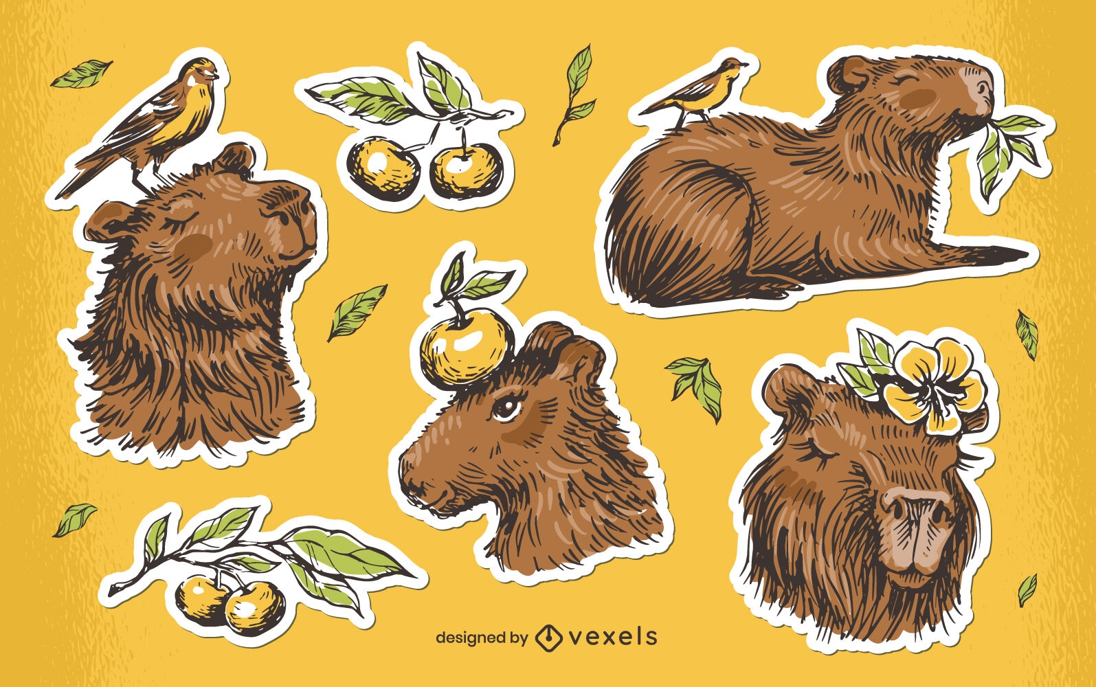 Vintage capybara stickers set