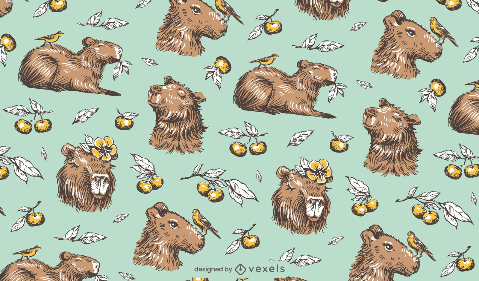 Colored hand drawn capybaras pattern design